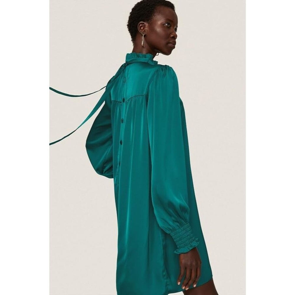 Adam Lippes Collective Green Mock Neck Satin Dress Women's Size 8 Button Luxury